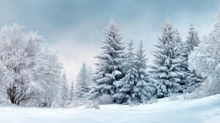Obraz premium Frosty scene showcasing a tranquil winter landscape with snow-laden evergreen trees. The sky is overcast, creating a peaceful atmosphere in nature.