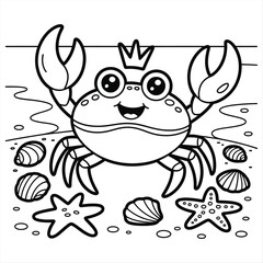 Cute Crab and Fish Sea Animals Coloring Page for Kids Outline Drawing activity for Children Print