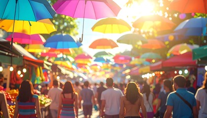Crowded street market with a colorful umbrella canopy and sun flare