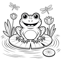 Cute Cartoon Frog on Lily Pad or Lotus Pond Scene kids Coloring page with Dragonflies children Outline Drawing coloring book activity Print