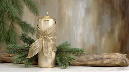 Elegant Candle Adorned With a Ribbon Rests on a Fir Branch in a Warm, Tranquil Setting