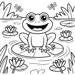 Cute Cartoon Frog on Lily Pad or Lotus Pond Scene kids Coloring page with Dragonflies children Outline Drawing coloring book activity Print