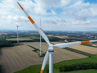 aerial view wind turbines farm on field