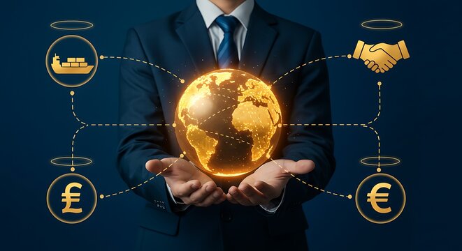 Businessman holding a glowing golden earth with icons of handshake, cargo ship, pound, and euro symbols connected by lines, symbolizing global business and finance