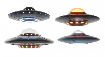 Four Different UFO Flying Saucer Designs on White Background