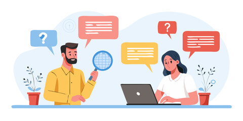 Man with magnifying glass and woman on laptop communicating with speech bubbles and question marks