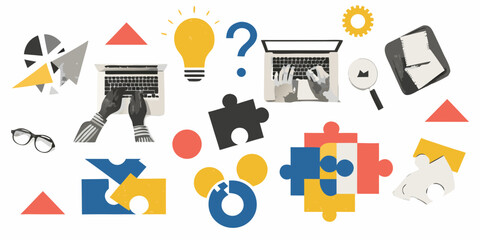 Creative problem solving and idea generation with laptops puzzle pieces and lightbulb illustration
