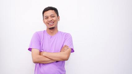 Happy confident Person. Portrait of smiling asian guy with folded arms looking at camera, wearing white shirt