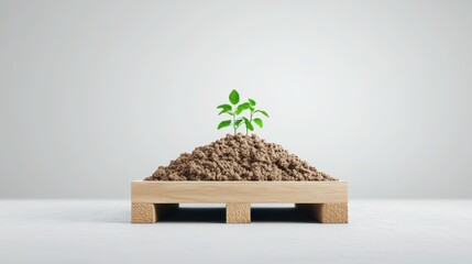 Fresh Green Plant Growing in Soil on Wooden Pallet Against Neutral Background