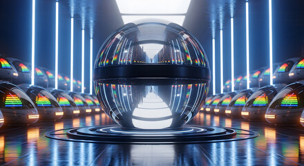 Futuristic Sci- Fi Orb and Train Hall with Neon Lights