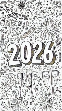 Festive Vertical Celebration Design for New Year 2026 with Fireworks and Champagne Glasses