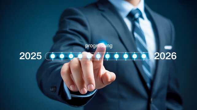Businessman Touching Progress Bar Indicating Year Transition 2025 to 2026 image photo