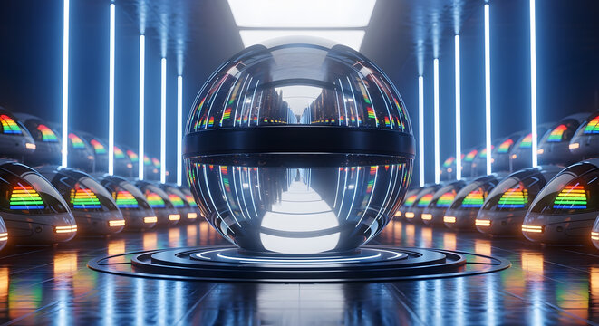 Futuristic Sci- Fi Orb and Train Hall with Neon Lights - Powered by Adobe