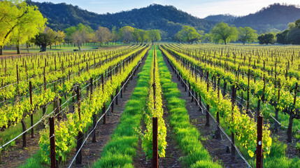 Serene vineyard landscape with orderly grapevine rows under natural sunlight, evoking tranquility and growth.