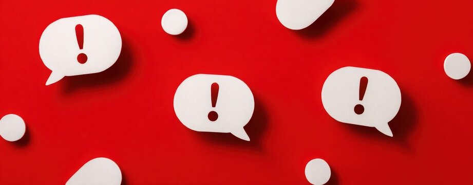 The Exclamation Marks in White Speech Bubbles on a Red Background Urging Attention