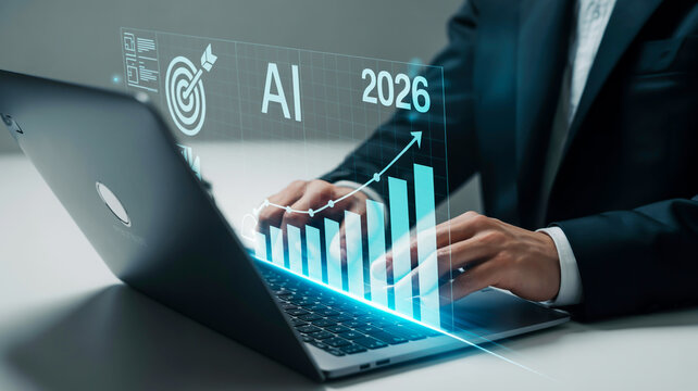 Businessman Typing on Laptop with Holographic AI Growth Chart Display technology artificial intelligence