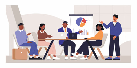 Diverse business team collaborates in a modern office meeting presenting data on a flip chart