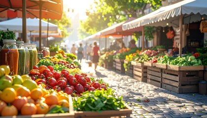 Outdoor market stall with fresh fruits vegetables and juices © Yousuf Adnan