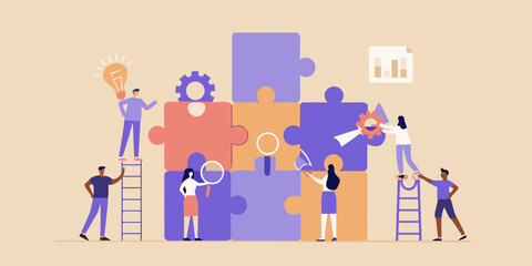 Diverse team collaborating to solve a complex puzzle with gears and a lightbulb representing innovation and strategy