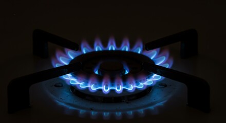 Blue flame on a gas stove burner. Burning natural gas. Energy and heating concept for kitchen and home appliance safety.