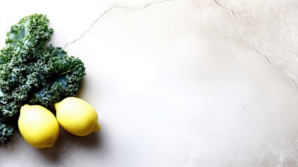 Fresh Kale and Bright Lemons Create a Vibrant Composition on a Smooth Textured Surface