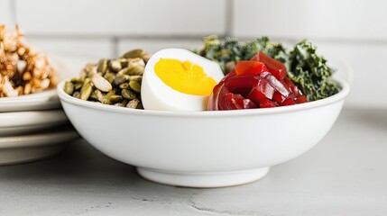Fresh Kale Salad Bowl With Egg and Topping Highlights on a Stylish Dining Table