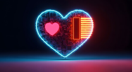 Neon heart with circuit board and low battery indicator