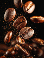 Obraz premium close-up of floating coffee beans in warm light