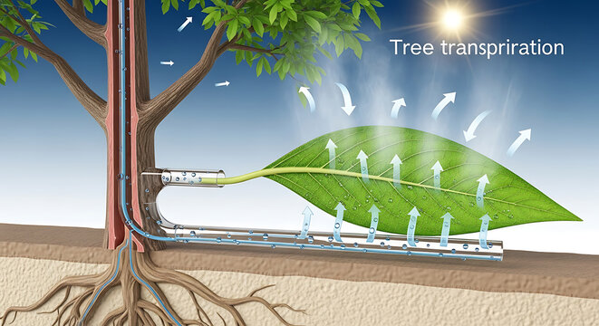 Illustrative diagram showcasing tree transpiration; water uptake, transport, and evaporation from leaves.