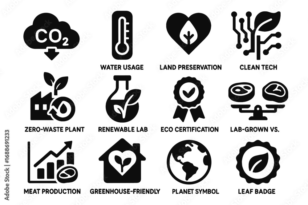 Poster badge certification graph vector icons bioengineered meat tech chart meter lab icon