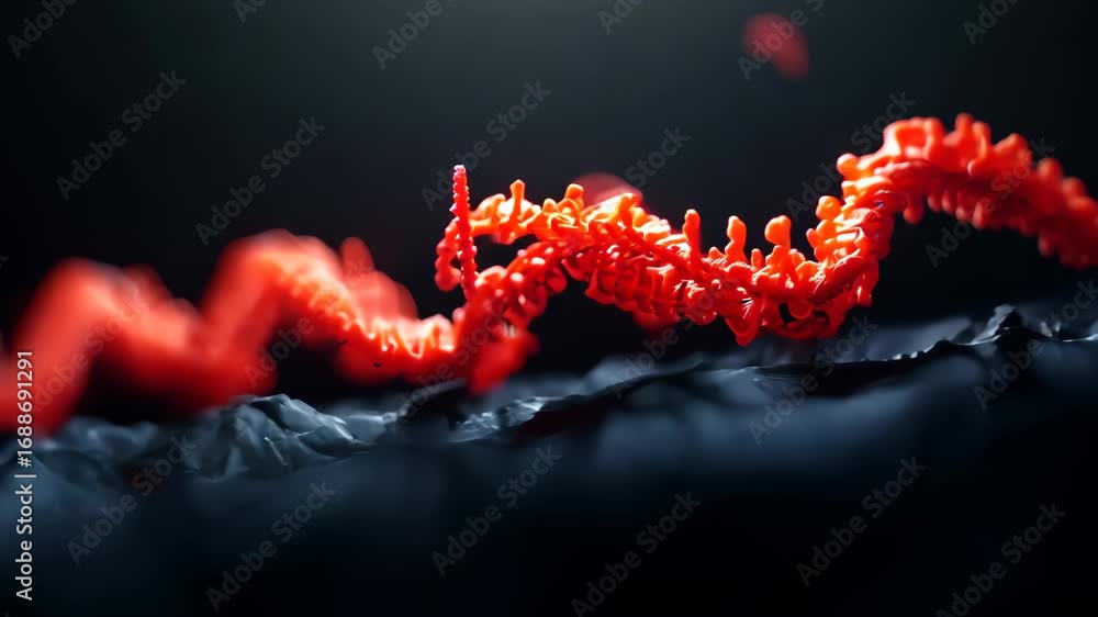Poster an abstract representation of vibrant red molecular structures against a dark background, showcasing