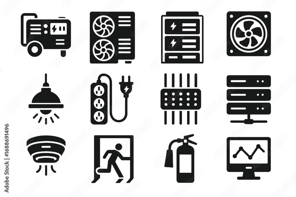 Poster tech generators smoke battery power vector emergency organizers backups icon systems icons