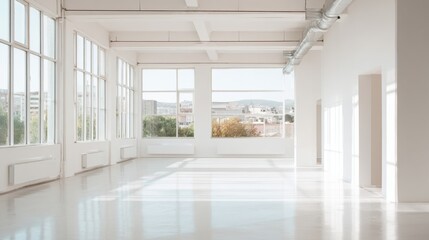 Fototapeta premium Natural light floods into a vast, uncluttered room featuring expansive windows and sleek, minimalist design. This lively space is perfect for creative activities or gatherings.