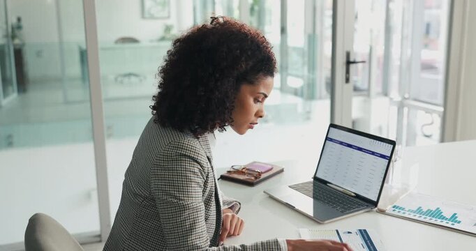 Office, woman and employee with laptop, graphs or financial analyst with paperwork, metrics or info. Review, dashboard and person with tech for business performance, reading and data analysis on web