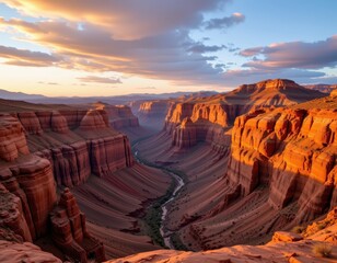 expansive canyon gorge sculpted by river erosion, immense cliffs glowing orange, cinematic panoramic wide shot showcasing breathtaking desert natural environment