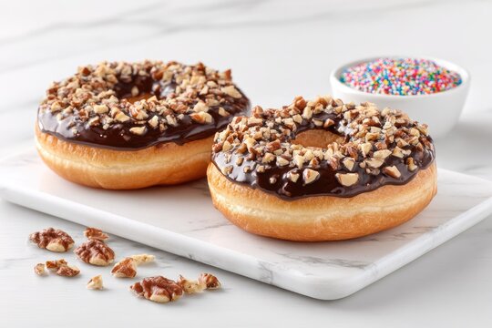 Two chocolate-glazed donuts topped with chopped walnuts sit on a marble board.  A small bowl of colorful sprinkles sits nearby