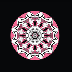 A symmetrical, circular mandala with intricate patterns in pink and white, set against a stark black square background.