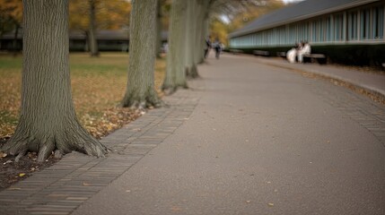 Pathway Through Autumn Trees Guiding to a Distant School With a Serene Atmosphere