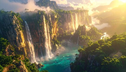 Fototapeta premium Towering glowing cliffs with waterfalls cascading into crystal-clear pools, bathed in radiant mist that transforms the scene into a magical fantasy landscape.