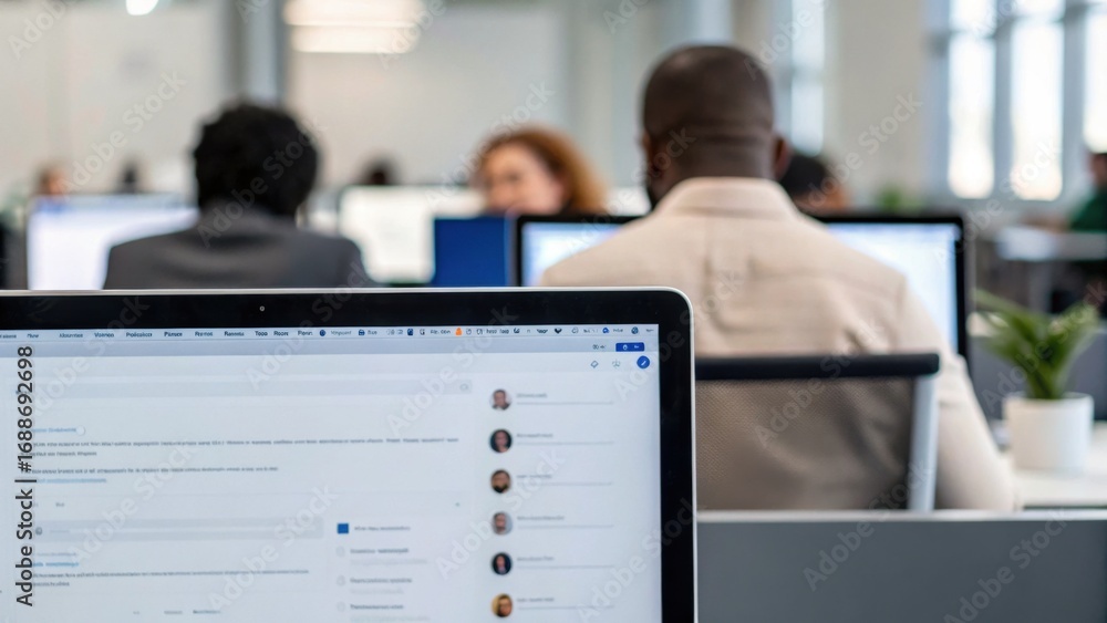 Poster an office scene showing individuals working at computers, with a focus on a laptop screen displaying