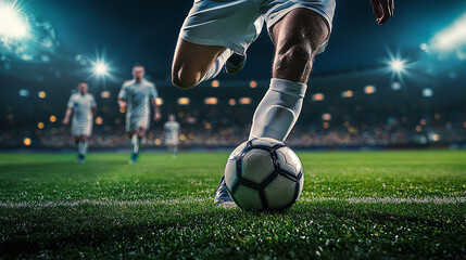 A football player dribbles the ball across the stadium field against the background of stands and floodlights