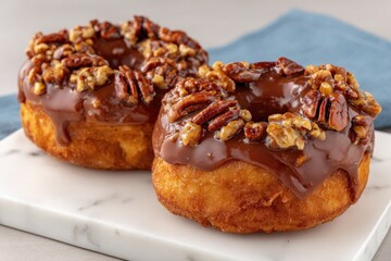 Two pecan-topped doughnuts, glazed with chocolate