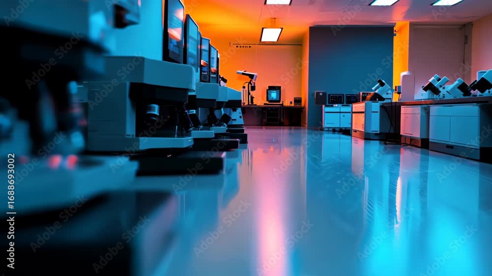 Poster a bright, modern laboratory showcases multiple microscopes arranged on shiny surfaces. the innovativ