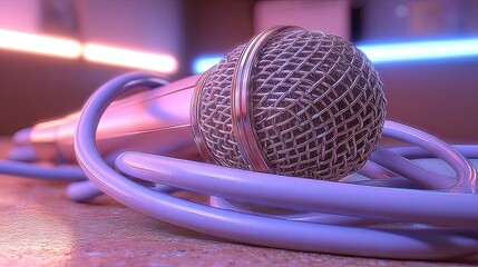 Captivating Microphone Ready for Performance on a Minimalist Stage With Vibrant Lighting