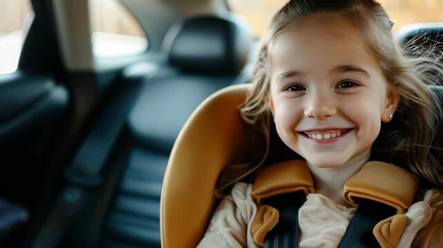 A joyful young girl sits in a car seat, radiating happiness as she enjoys a family road trip. The moment captures the essence of childhood and adventure.