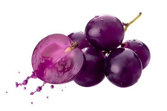 Juicy Purple Grape Cut in Half with Splashing Juice grapes fruit isolated on a transparent background