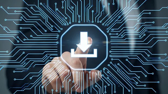 Person in Dark Suit Downloads Data via Futuristic Interface