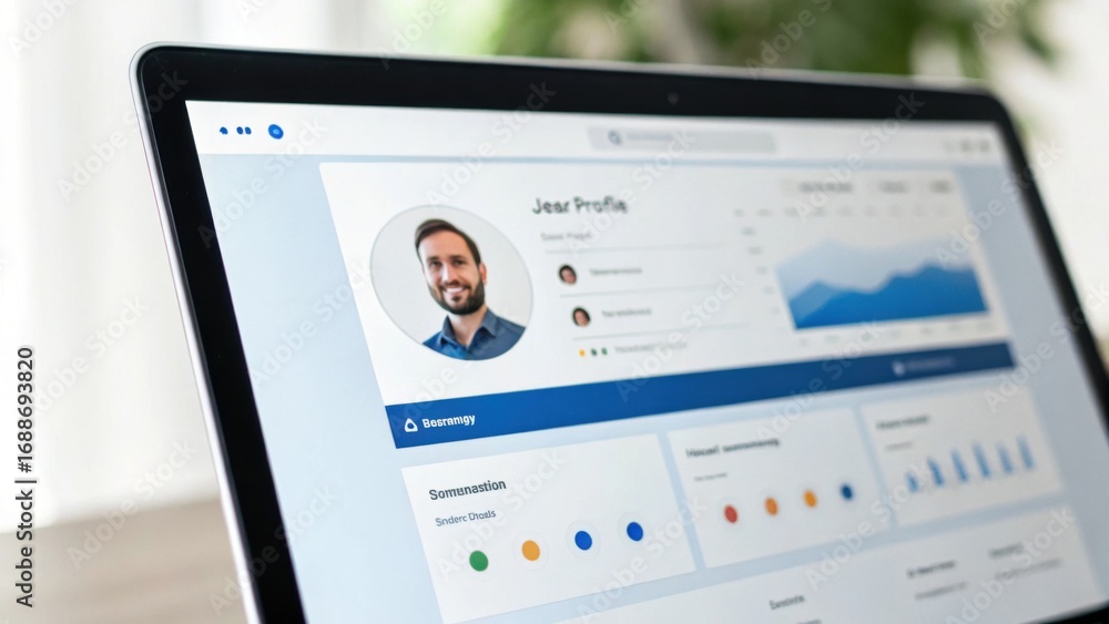 Poster a sleek laptop screen displays a user profile interface with graphs, statistics, and a profile pictu
