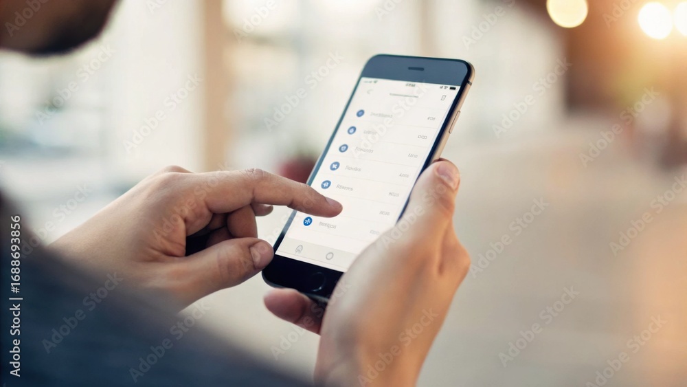 Poster a person interacting with a smartphone, showcasing a user interface with various app options.