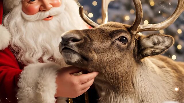 Santa Claus Pets Adorable Reindeer During the Christmas Eve Celebration With Festive Bokeh Lights